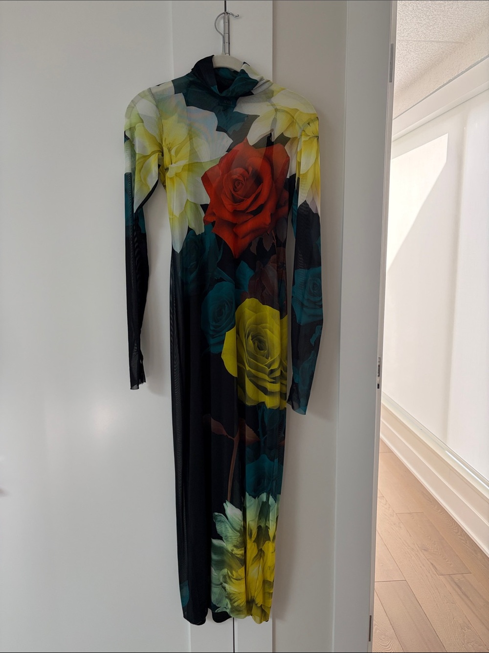 AFRM Black Long-Sleeve Maxi Dress with Red & Yellow Rose Print
